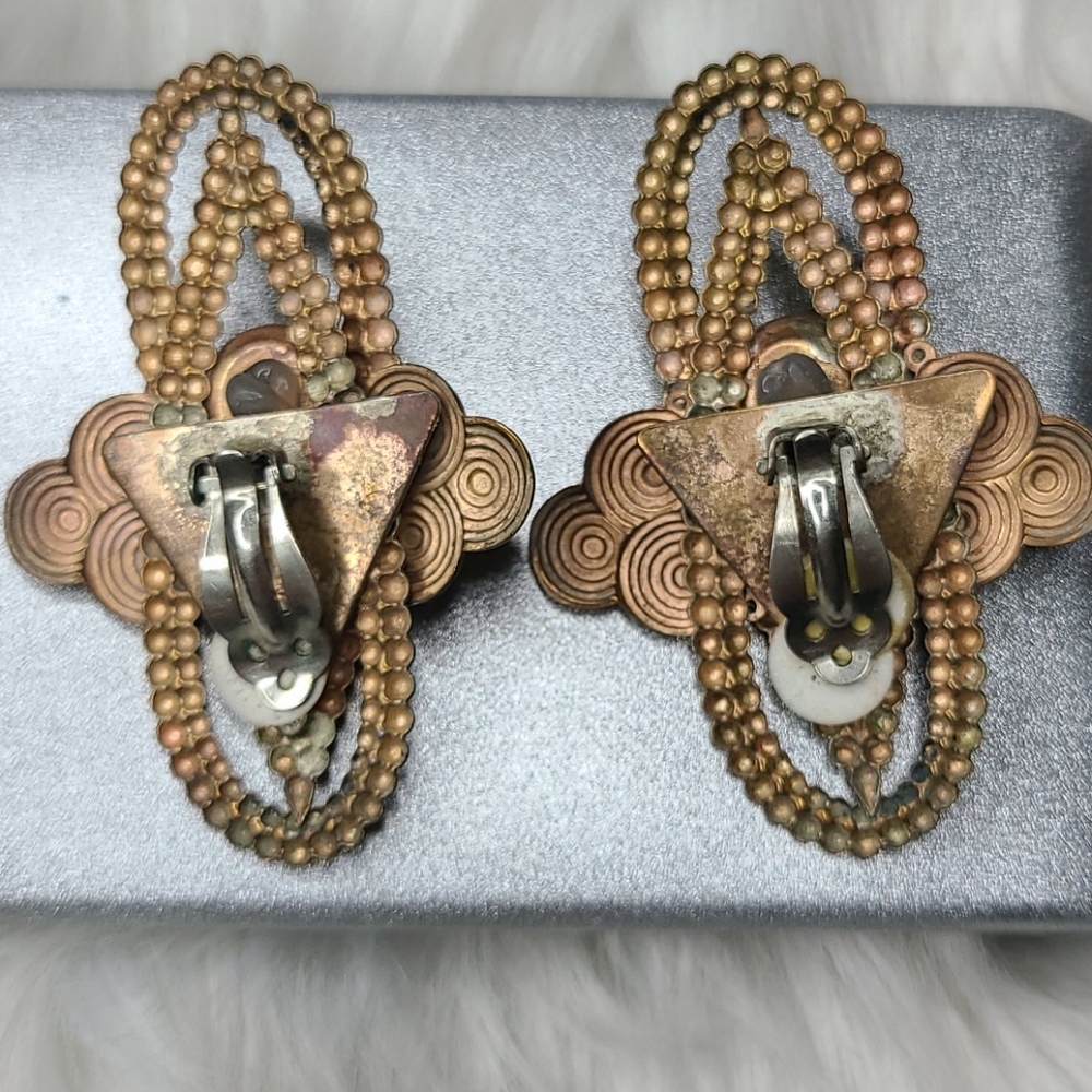 Retro 80's Clip On Earrings  Bronze Crystal Handmade Eclectic Jewelry Infinity - Picture 3 of 3